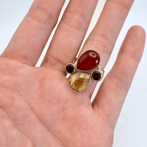 VTG Sterling Silver 925 Multi-Gemstone Bezel Set Statement Ring Size 7 - Picture 6 of 9